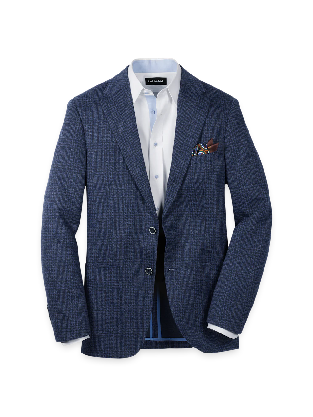 Blue Knit Plaid Single Breasted Notch Lapel Sport Coat - Blue
