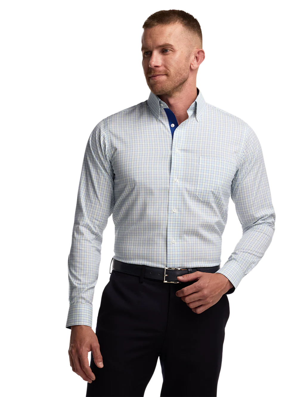 Comfort Stretch Non-Iron Check Dress Shirt With Contrast Trim - Blue/green - Image 2