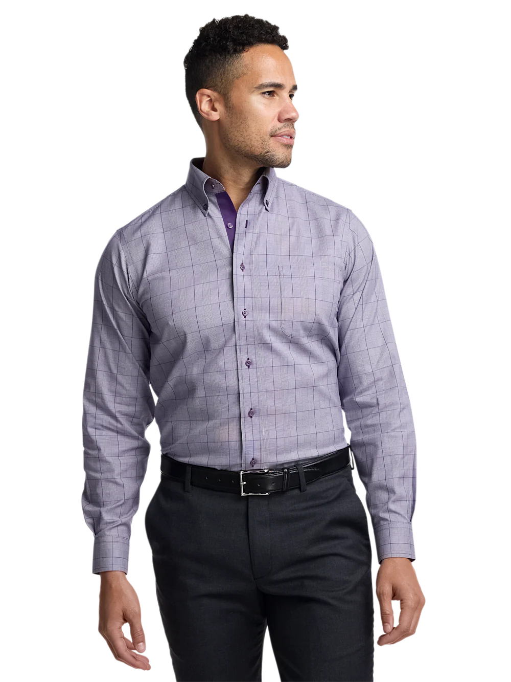 Comfort Stretch Non-Iron Glen Plaid Dress Shirt With Contrast Trim - Purple - Image 2