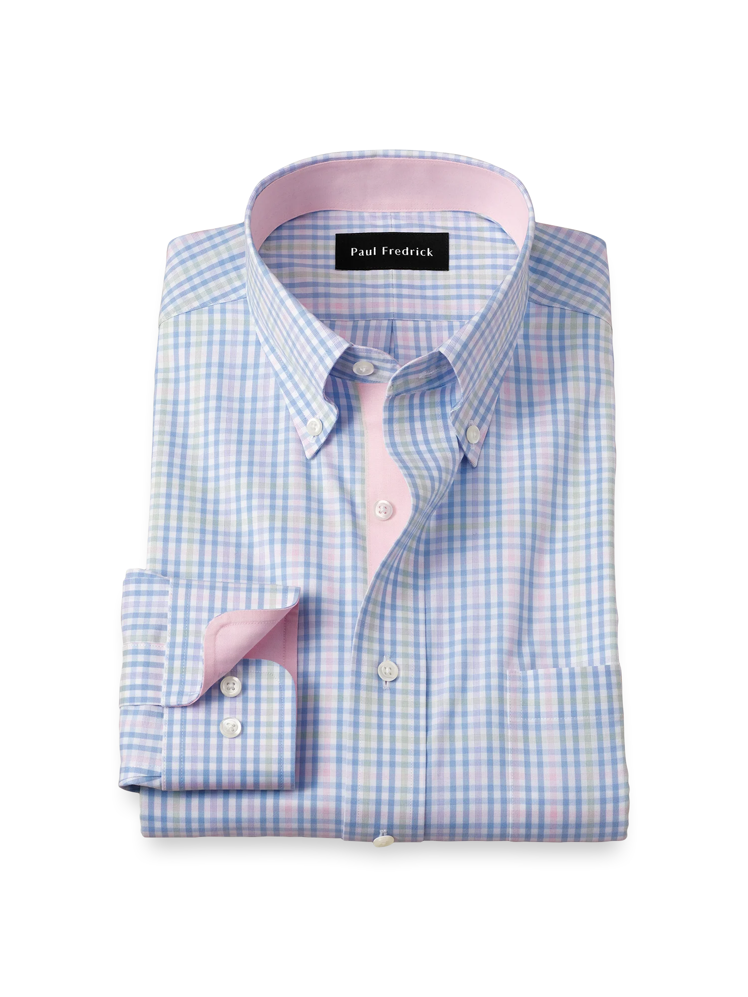 Comfort Stretch Non-Iron Tattersall Dress Shirt With Contrast Trim - Blue/pink