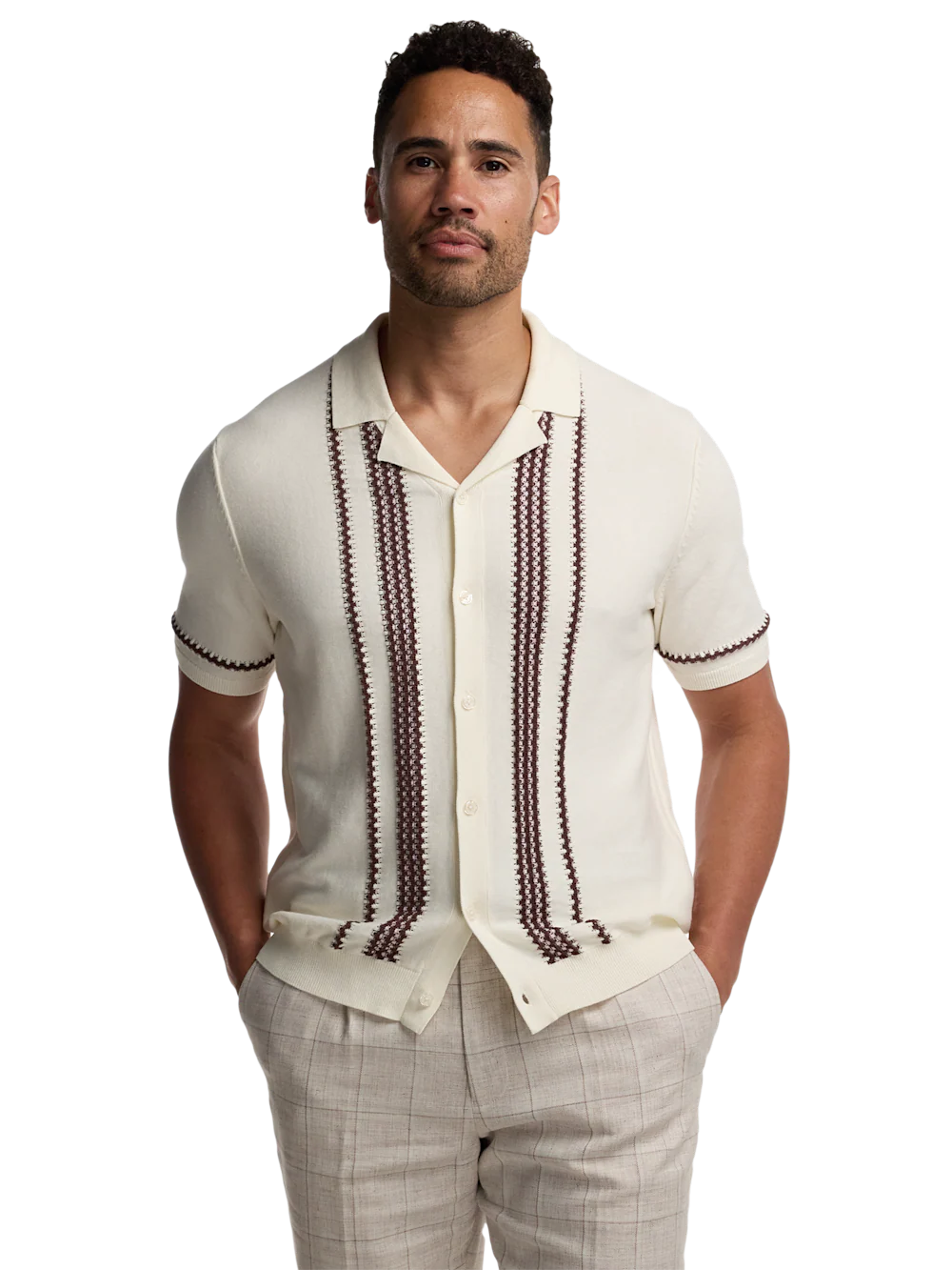 Cotton Button Front Camp Sweater - White Multi - Image 2