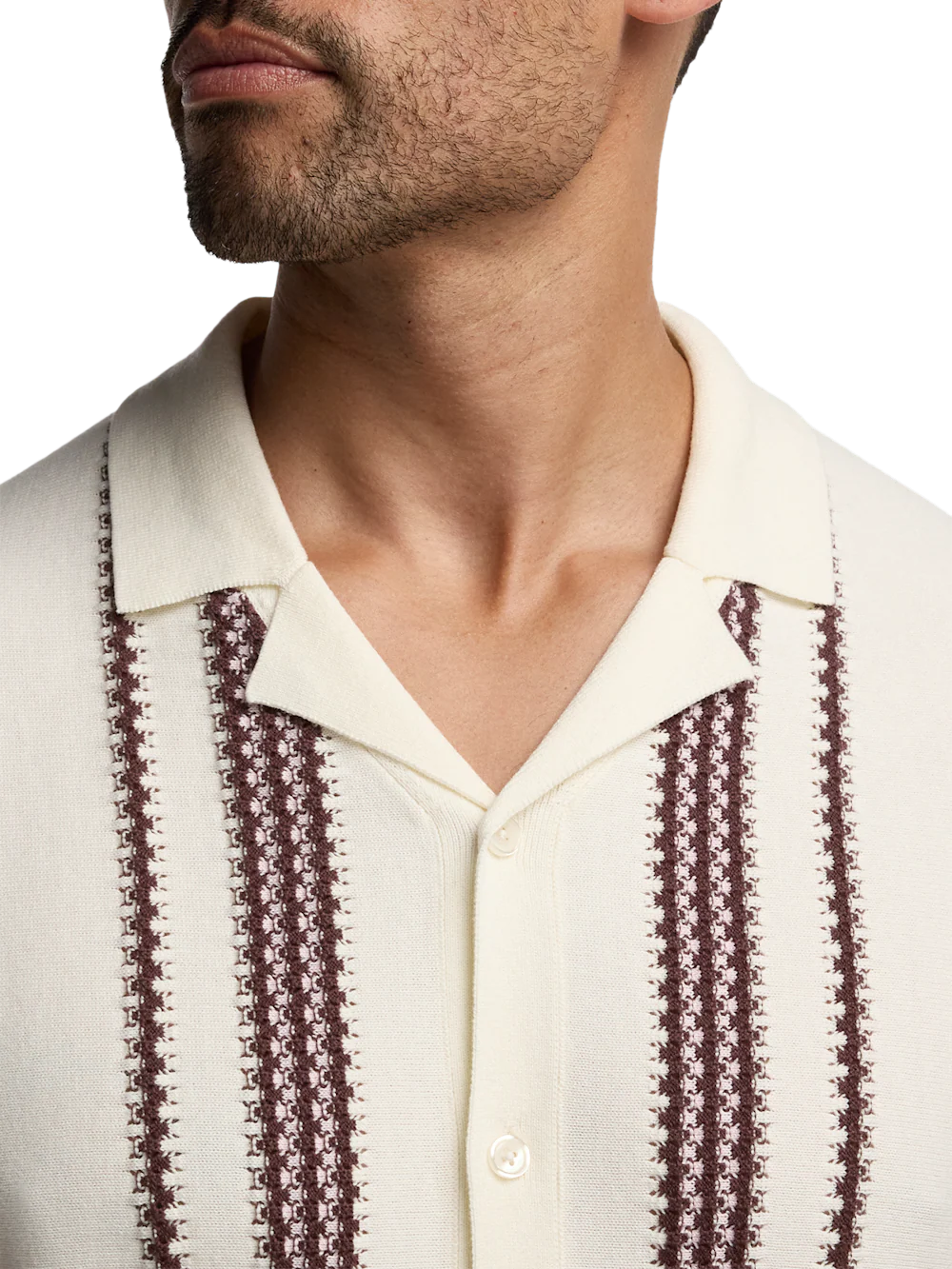 Cotton Button Front Camp Sweater - White Multi - Image 3