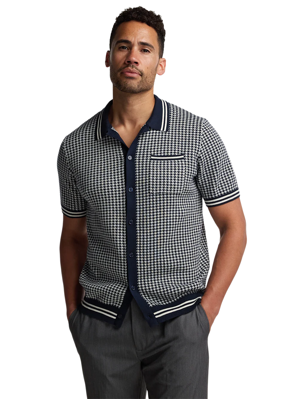 Cotton Button Front Polo - Navy - Image 2