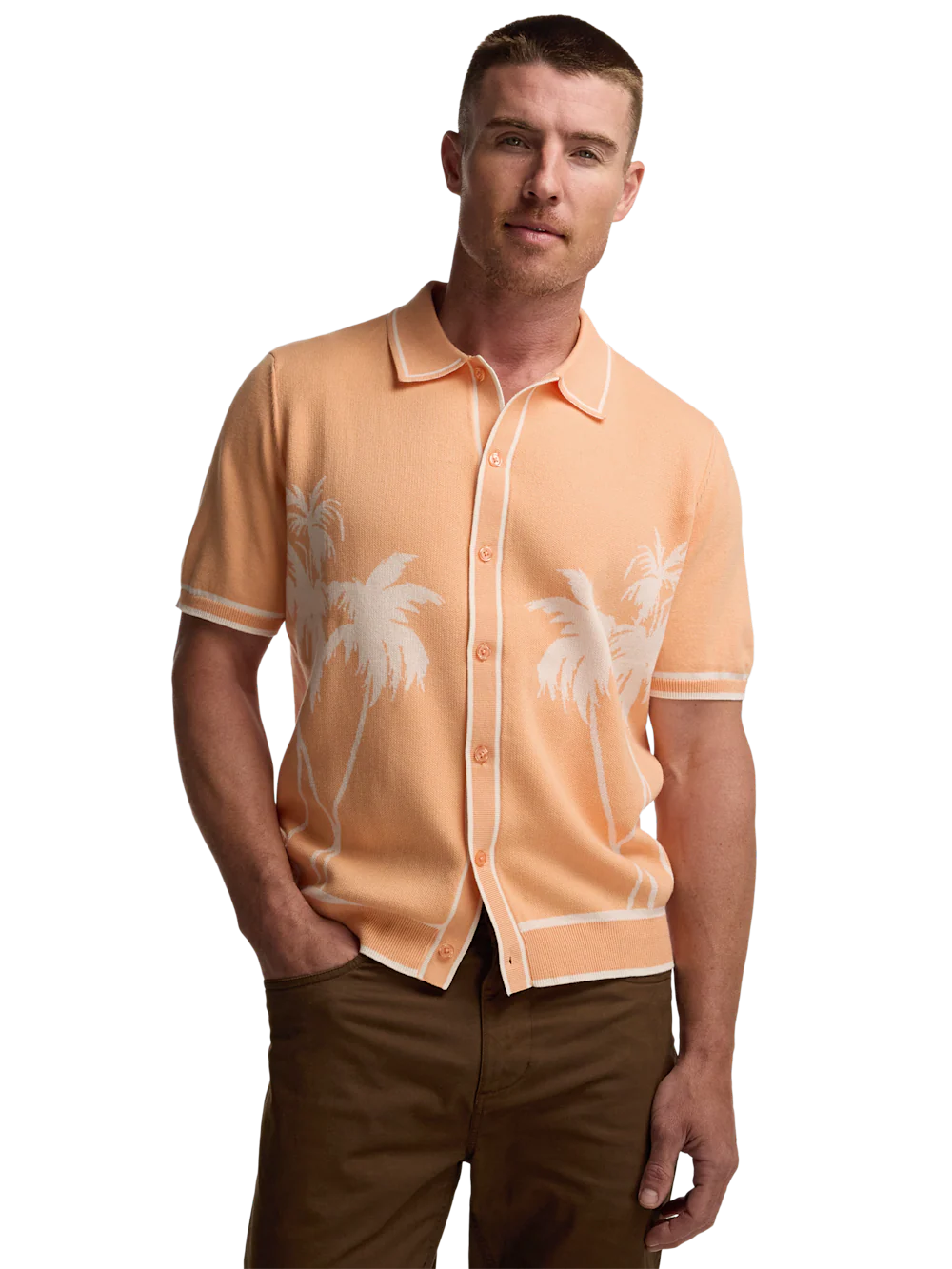 Cotton Button Front Polo - Peach - Image 2