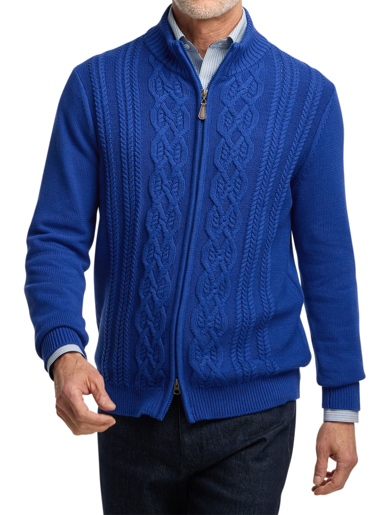 Cotton Cable Full Zip Mock Neck Sweater - Cobalt - Image 2