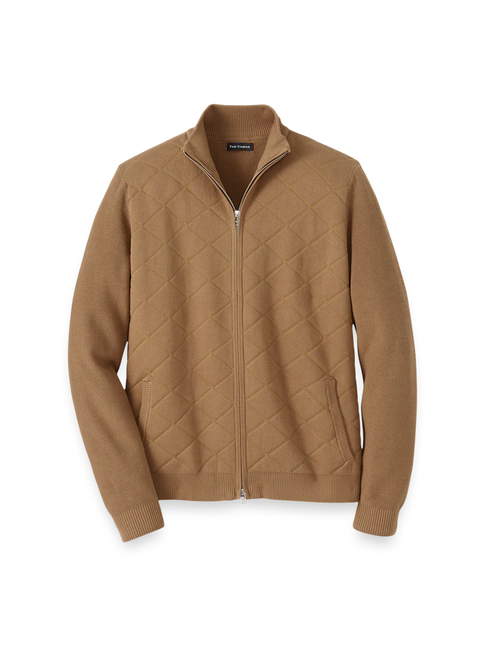Cotton Full Zip Mock Neck Sweater Jacket - Camel