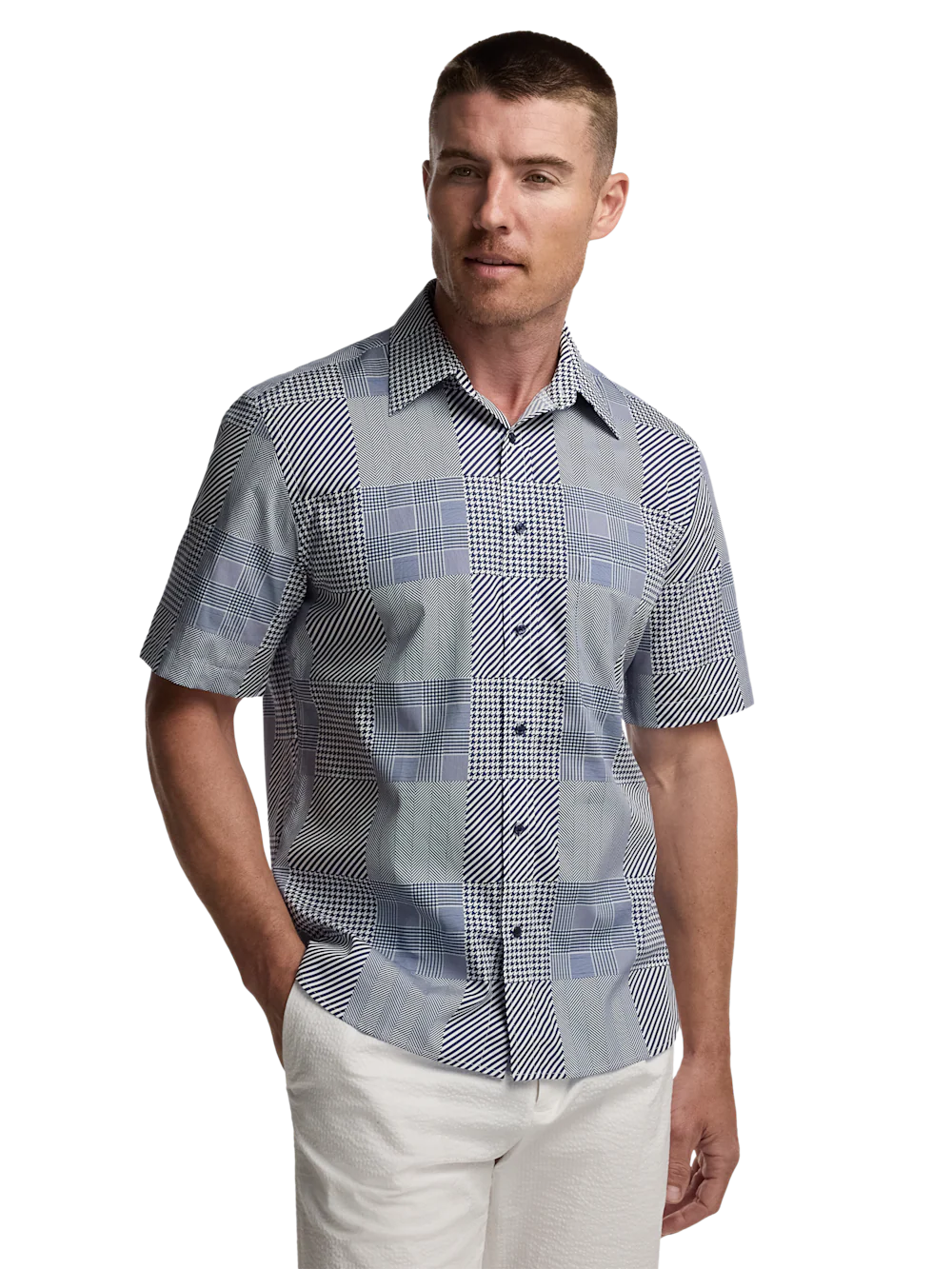 Cotton Patchwork Casual Shirt - Blue - Image 2
