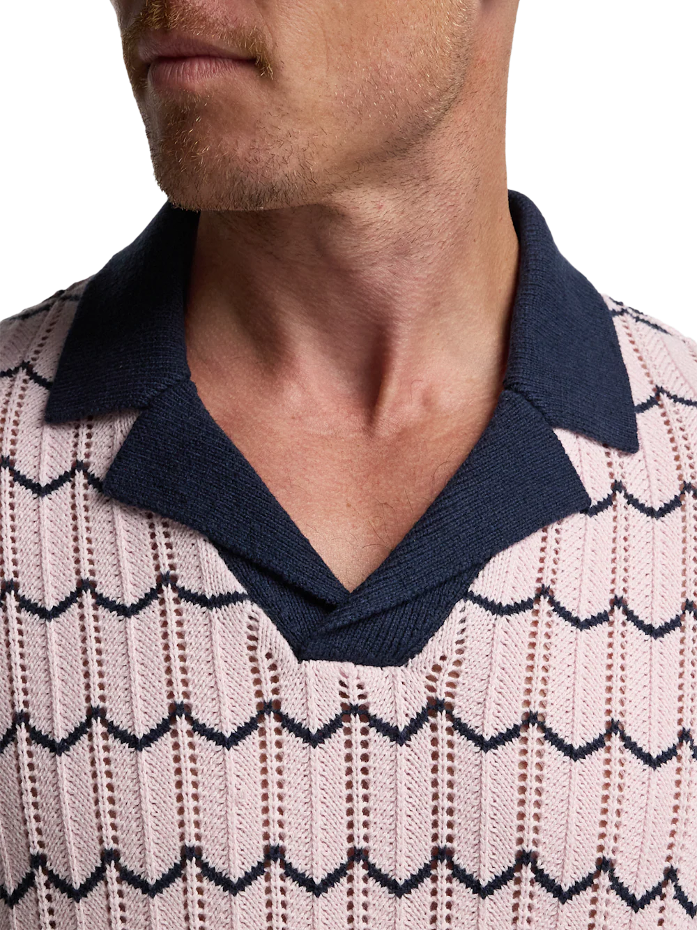 Cotton Scalloped Stripe Camp Sweater - Pink - Image 3