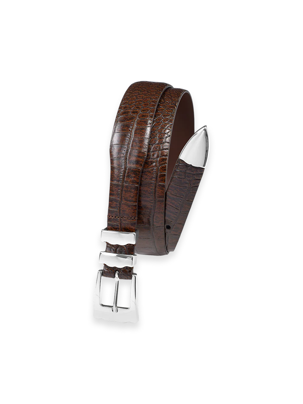 Crocodile Embossed with Metal Keeper & Tip Belt - Cognac