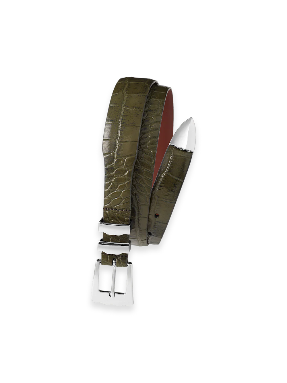 Crocodile Embossed with Metal Keeper & Tip Belt - Olive