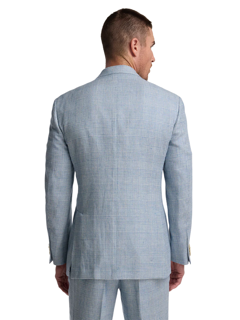 Italian Cotton Blend Single Breasted Notch Lapel Suit - Tan/blue Plaid - Image 7