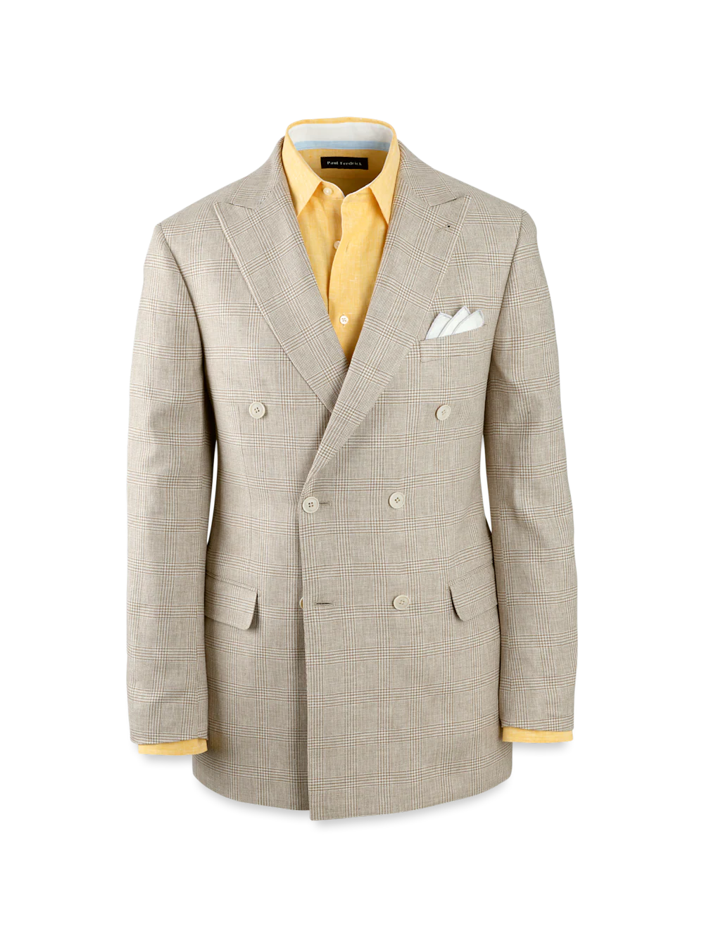 Linen Blend Plaid Double Breasted Peak Lapel Suit Jacket - Tan