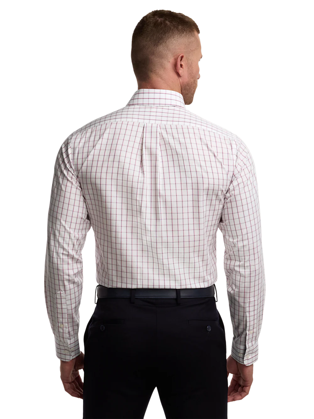 Non-Iron Cotton Check Dress Shirt With Contrast Trim - Navy/pink - Image 5