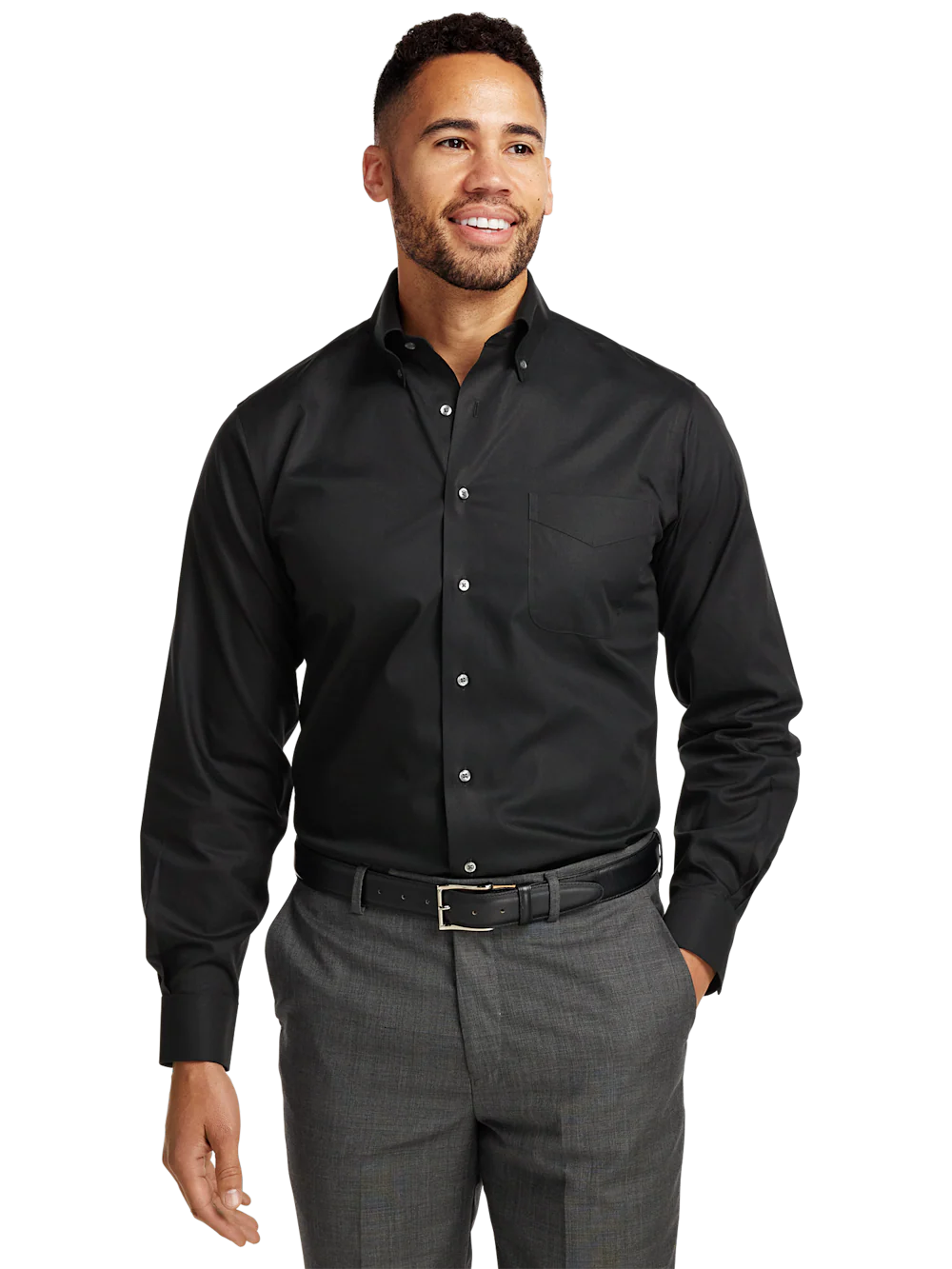 Non-Iron Cotton Pinpoint Solid Button Down Collar Dress Shirt - Black - Image 2