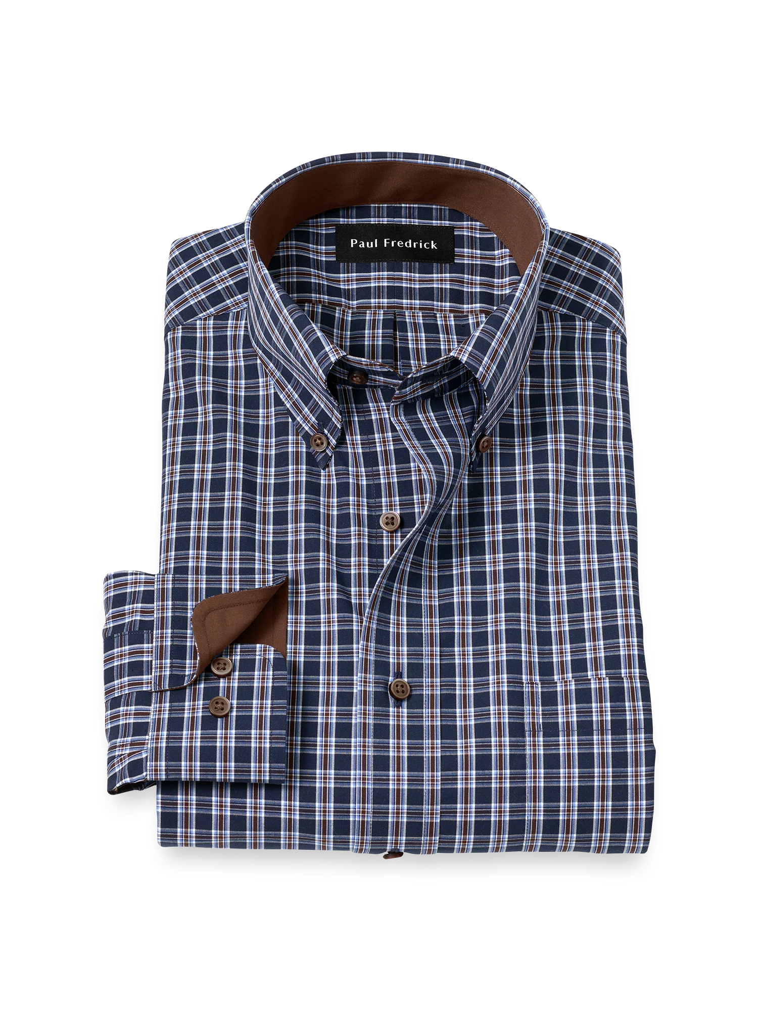 Non-Iron Cotton Plaid Dress Shirt With Contrast Trim - Navy/brown
