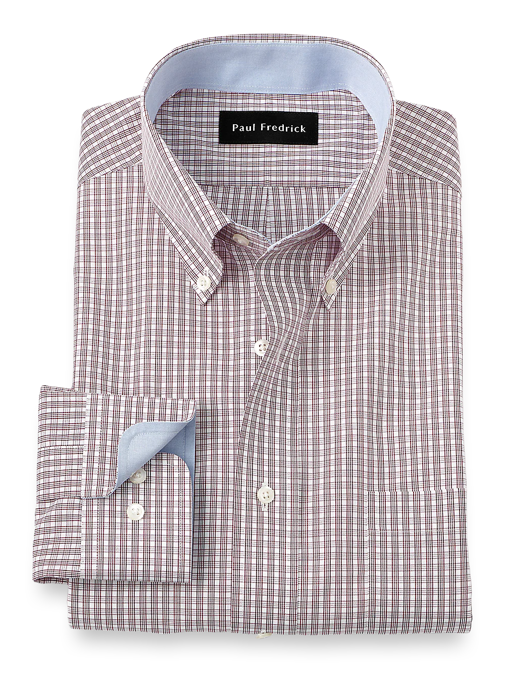 Non-Iron Cotton Plaid Dress Shirt With Contrast Trim - Burgundy