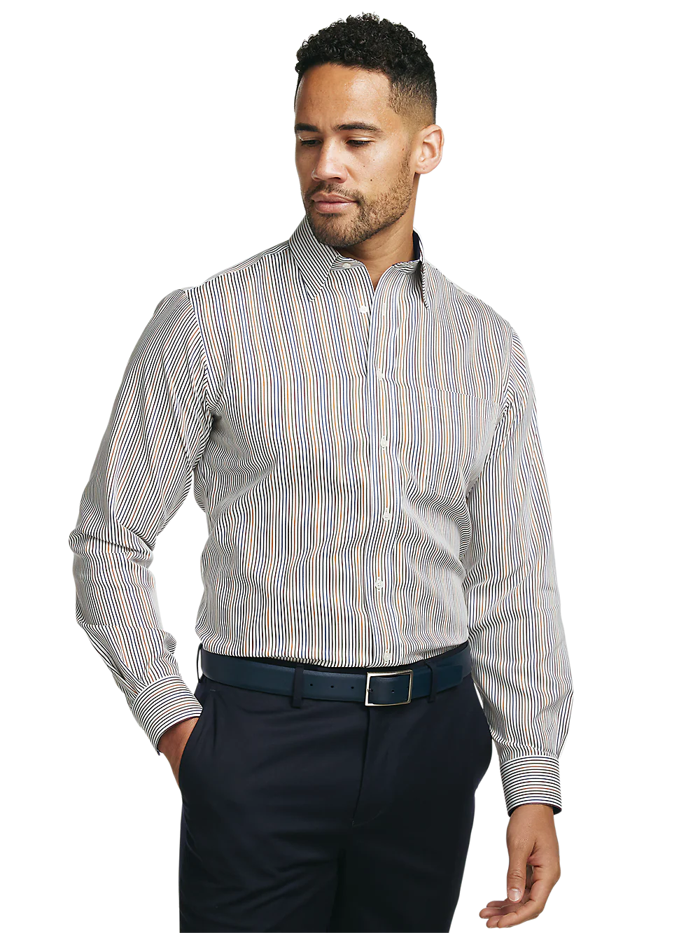 Non-Iron Cotton Stripe Dress Shirt With Contrast Trim - Multi - Image 2