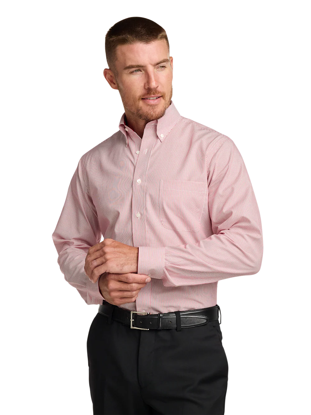 Non-Iron Cotton Stripe Dress Shirt With Contrast Trim - Red - Image 2