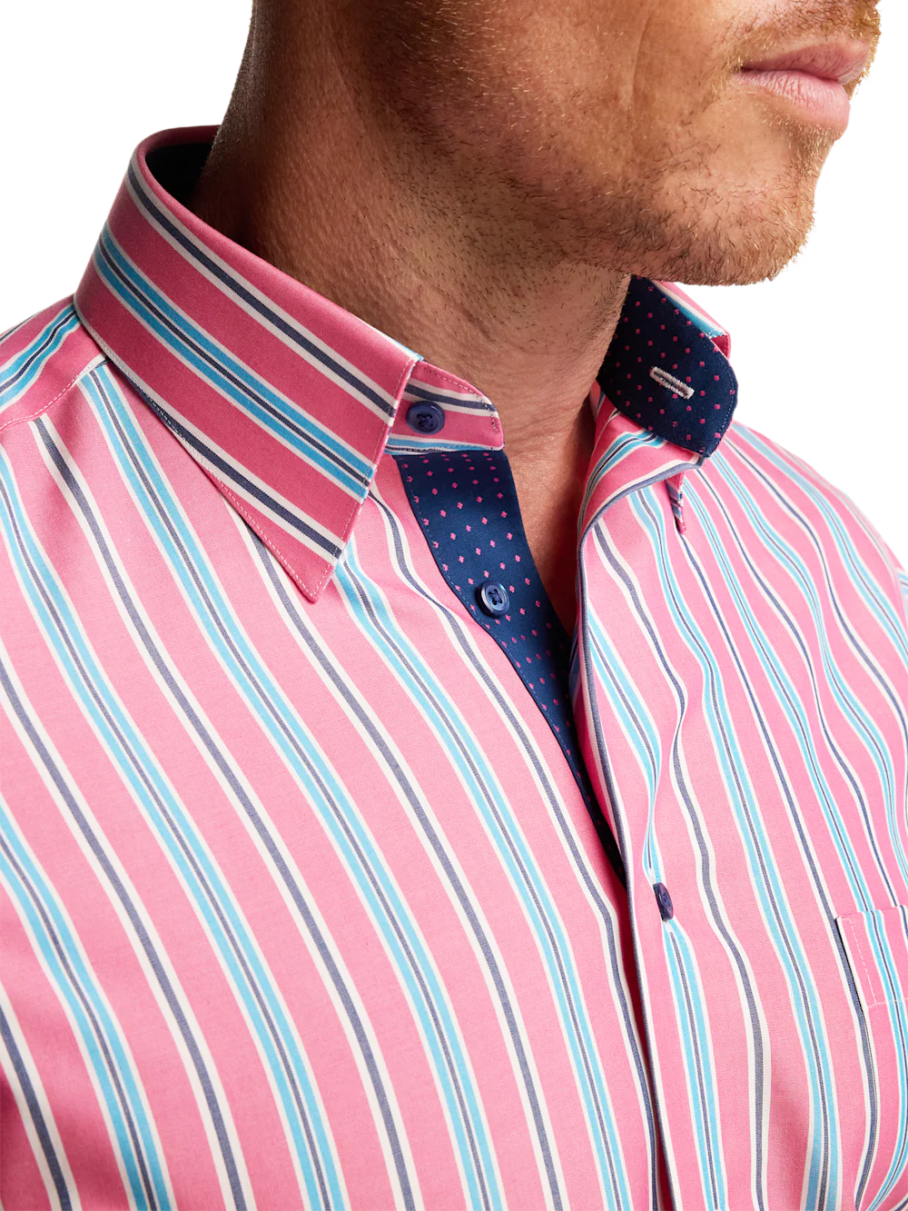 Non-Iron Cotton Stripe Dress Shirt With Contrast Trim - Pink/navy - Image 3