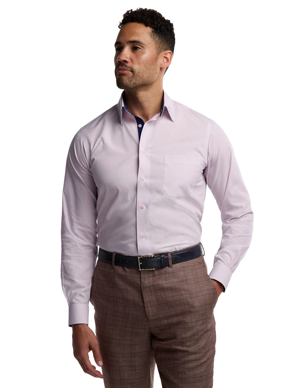 Non-Iron Cotton Stripe Dress Shirt With Contrast Trim - Pink/navy - Image 2