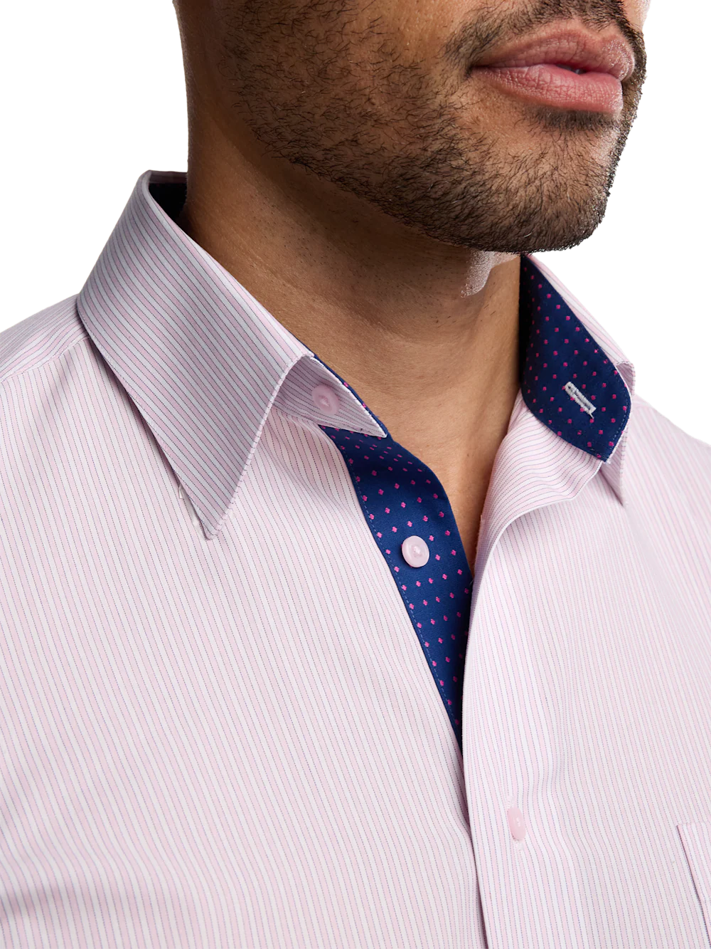 Non-Iron Cotton Stripe Dress Shirt With Contrast Trim - Pink/navy - Image 3