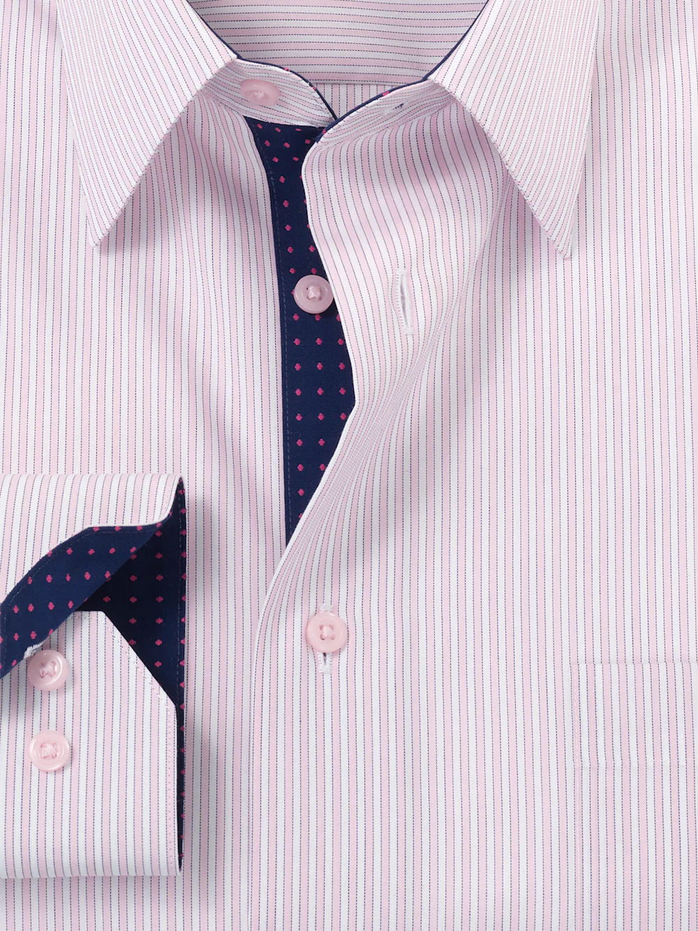 Non-Iron Cotton Stripe Dress Shirt With Contrast Trim - Pink/navy - Image 6