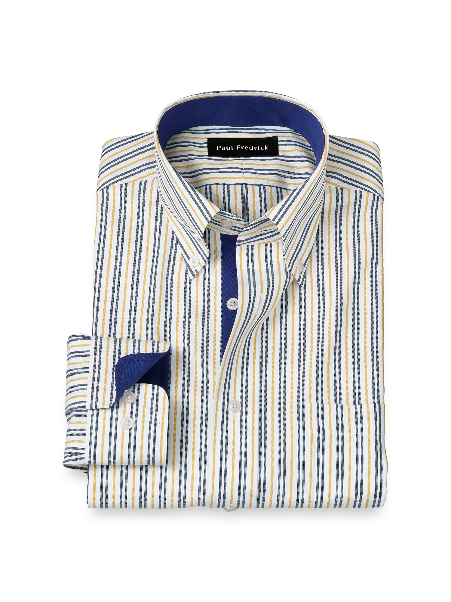 Non-Iron Cotton Stripe Dress Shirt With Contrast Trim - Blue/gold