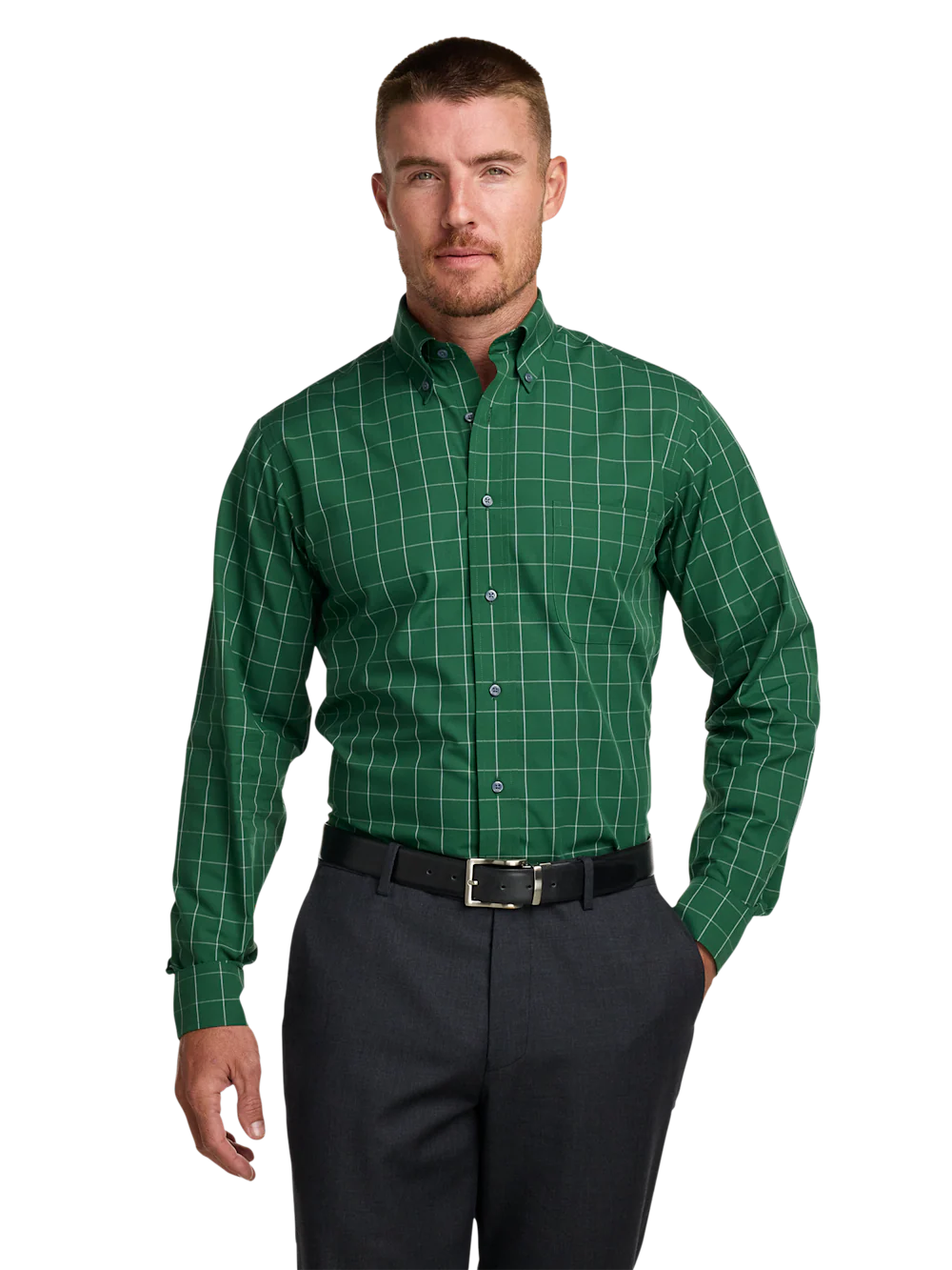 Non-Iron Cotton Windowpane Dress Shirt - Green - Image 2