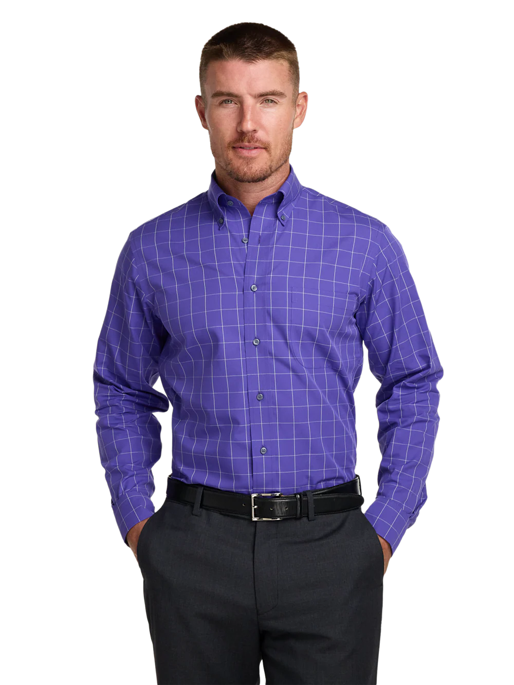 Non-Iron Cotton Windowpane Dress Shirt - Purple - Image 2