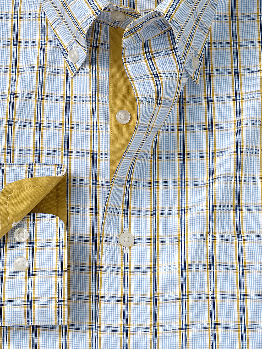 Non-Iron Cotton Windowpane Dress Shirt With Contrast Trim - Blue/yellow - Image 2
