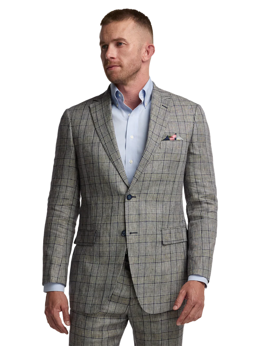 Plaid Linen Single Breasted Notch Lapel Suit Jacket - Tan/blue Plaid - Image 2