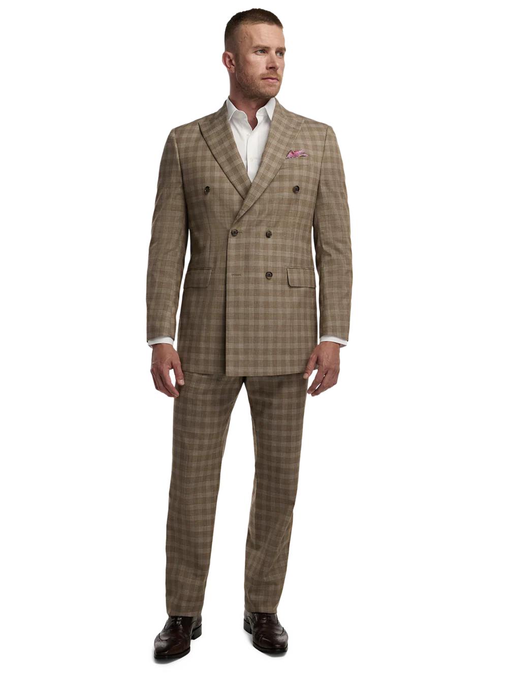 Plaid Wool Blend Double Breasted Peak Lapel Suit - Brown Plaid - Image 2
