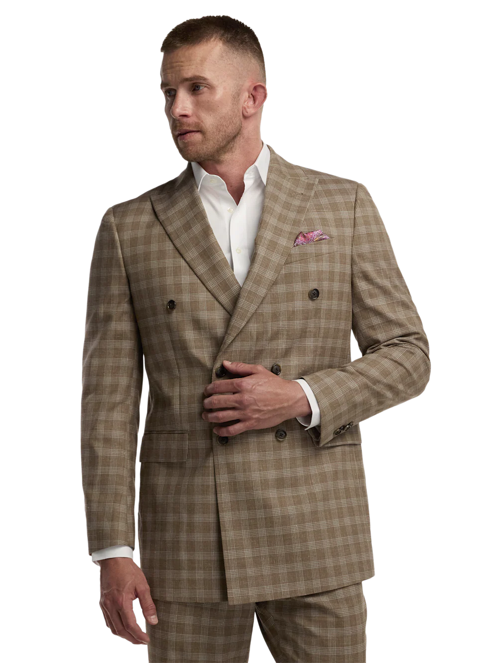Plaid Cotton Blend Double Breasted Peak Lapel Suit Jacket - Brown Plaid - Image 2