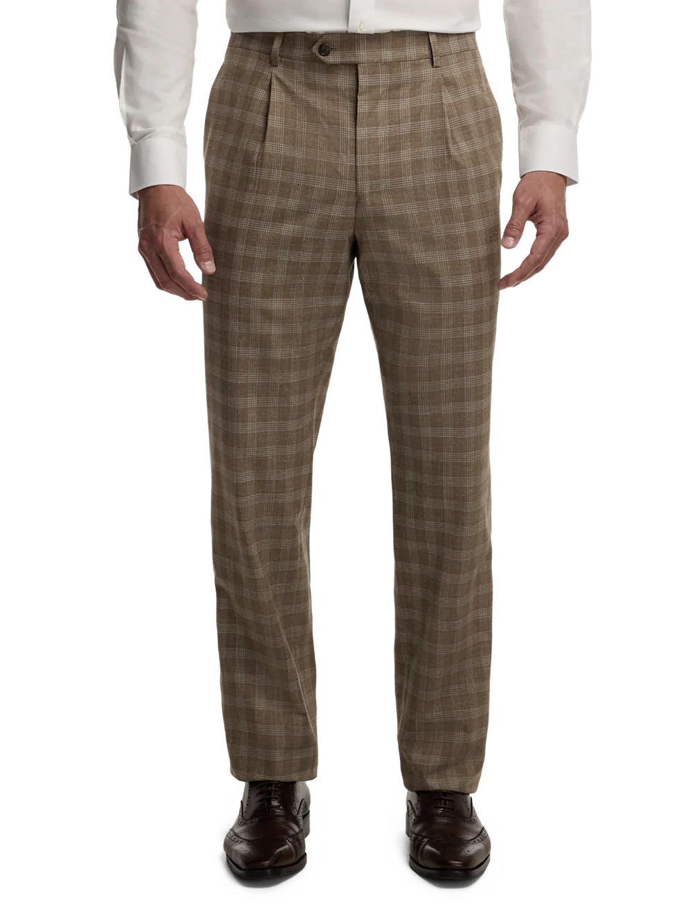 Plaid Cotton Blend Single Pleat Suit Pants - Brown Plaid - Image 2