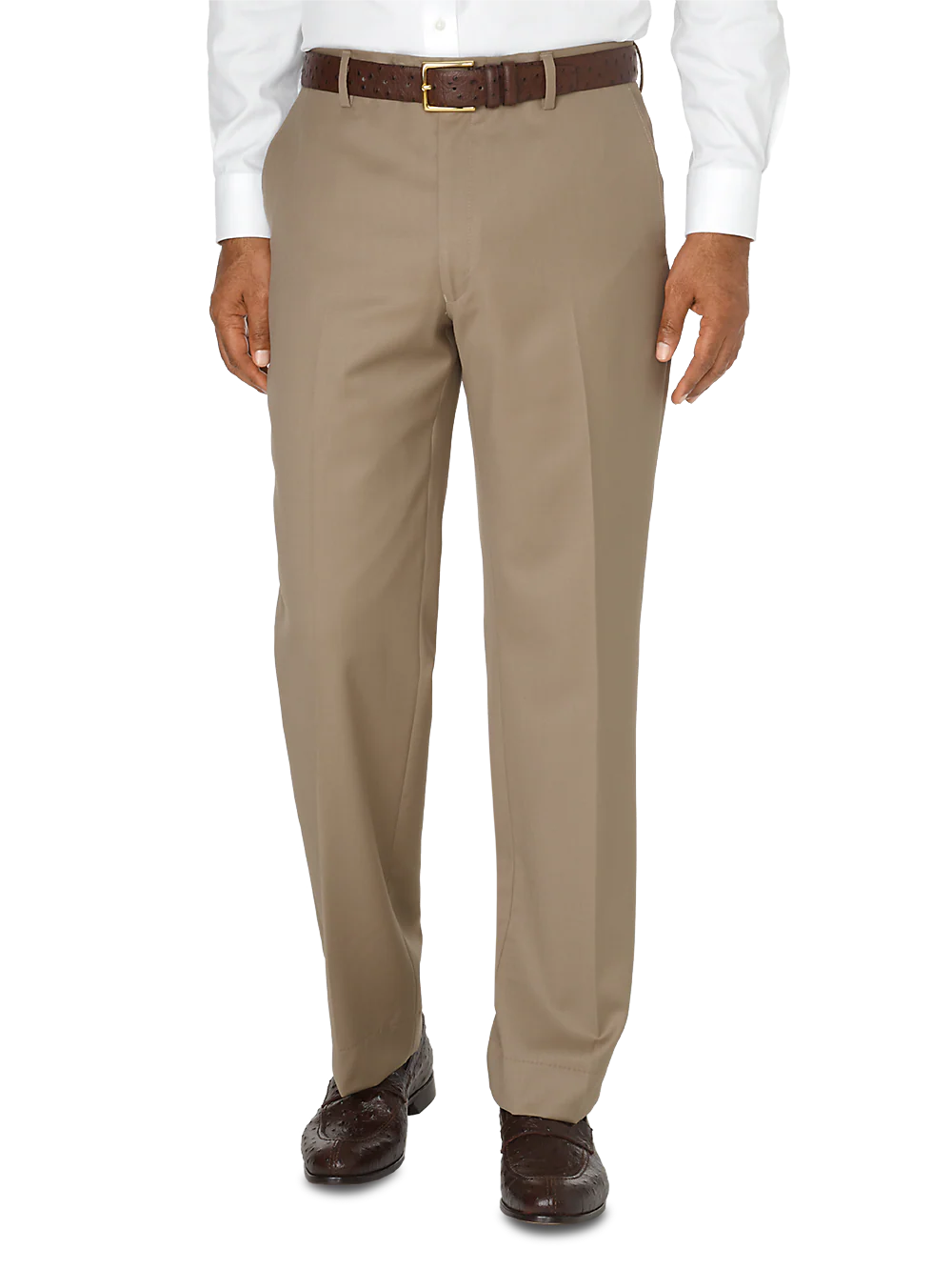 Tailored Fit Wool Gabardine Flat Front Pant - Tan