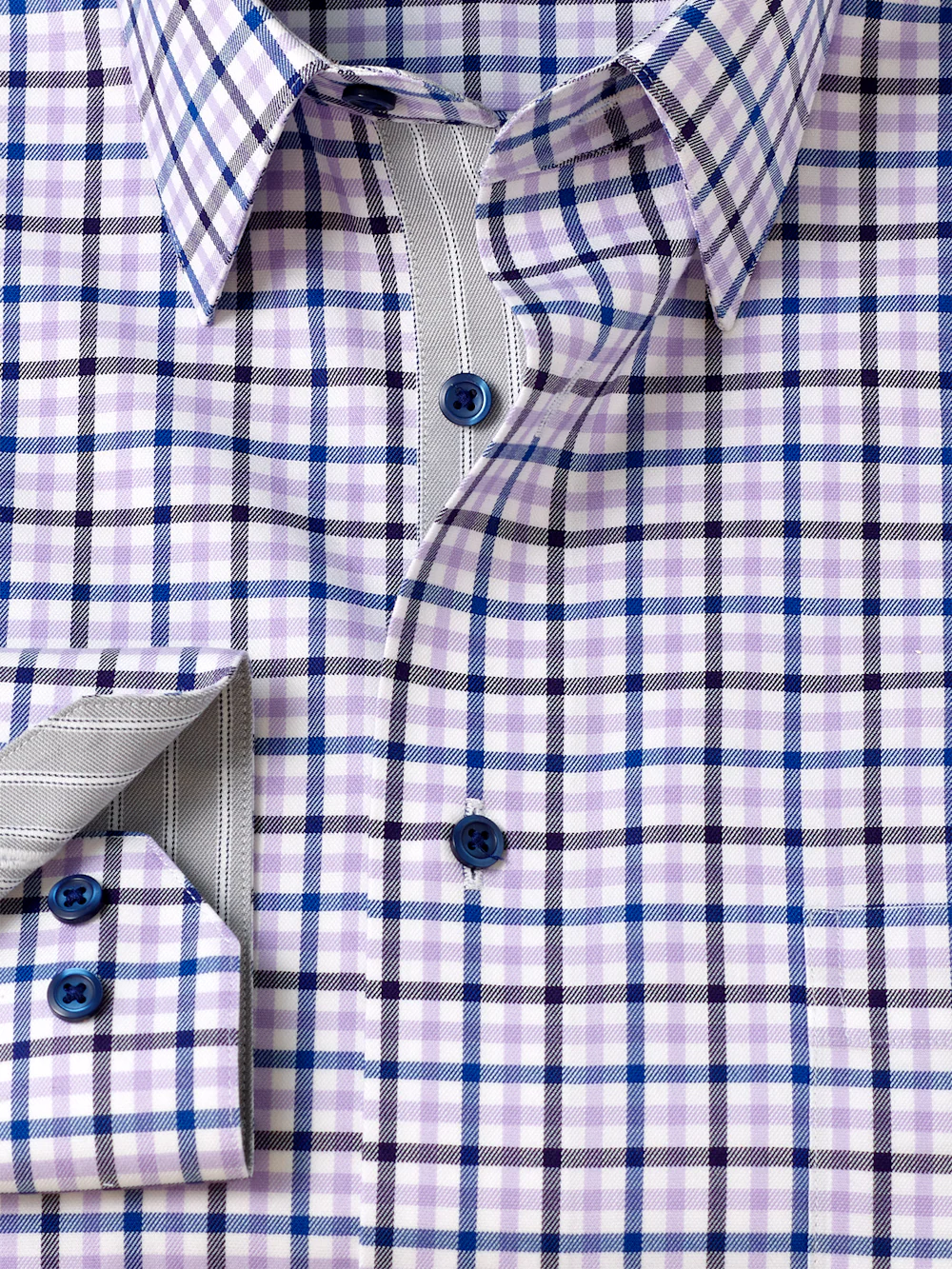 Travel Cotton Blend Check Dress Shirt With Contrast Trim - Purple - Image 6