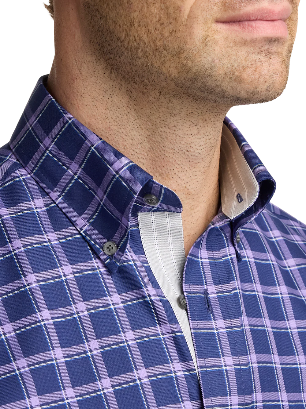 Travel Cotton Blend Check Dress Shirt With Contrast Trim - Purple - Image 3