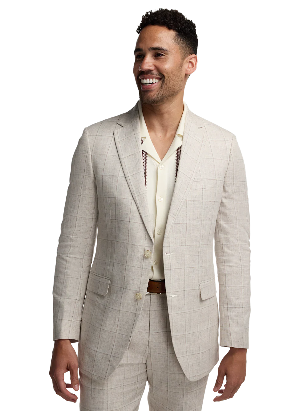 Windowpane Linen Single Breasted Notch Lapel Suit Jacket - Tan Windowpane - Image 2