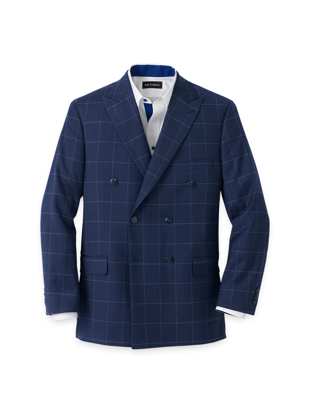 Wool Blend Windowpane Double Breasted Peak Lapel Sport Coat - Blue