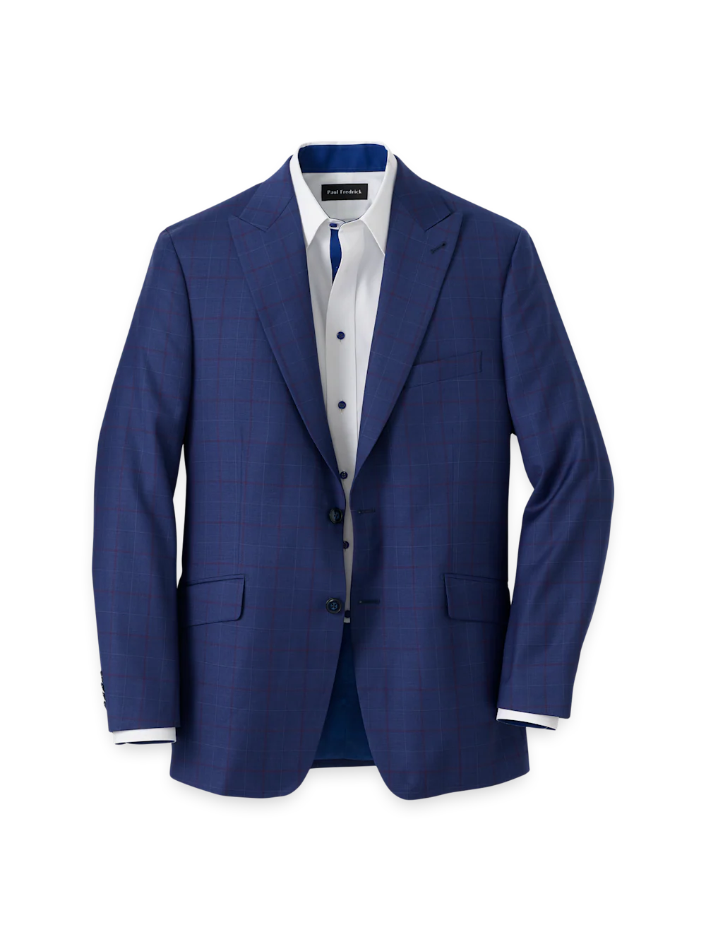 Wool Blend Windowpane Single Breasted Peak Lapel Sport Coat - Blue