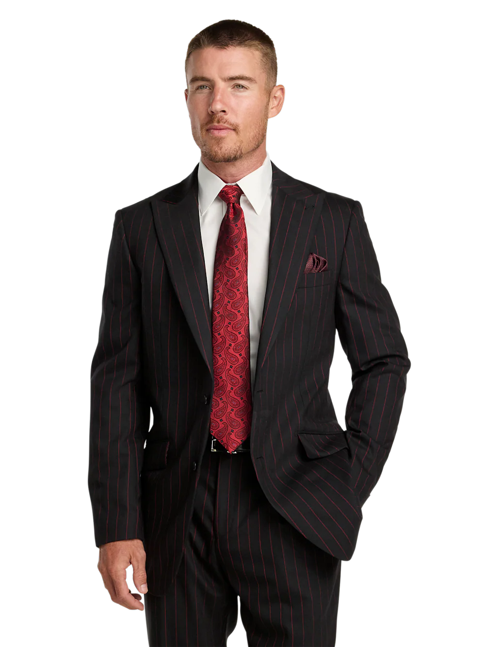 Wool Stretch Stripe Single Breasted Peak Lapel Suit Jacket - Black/red - Image 2